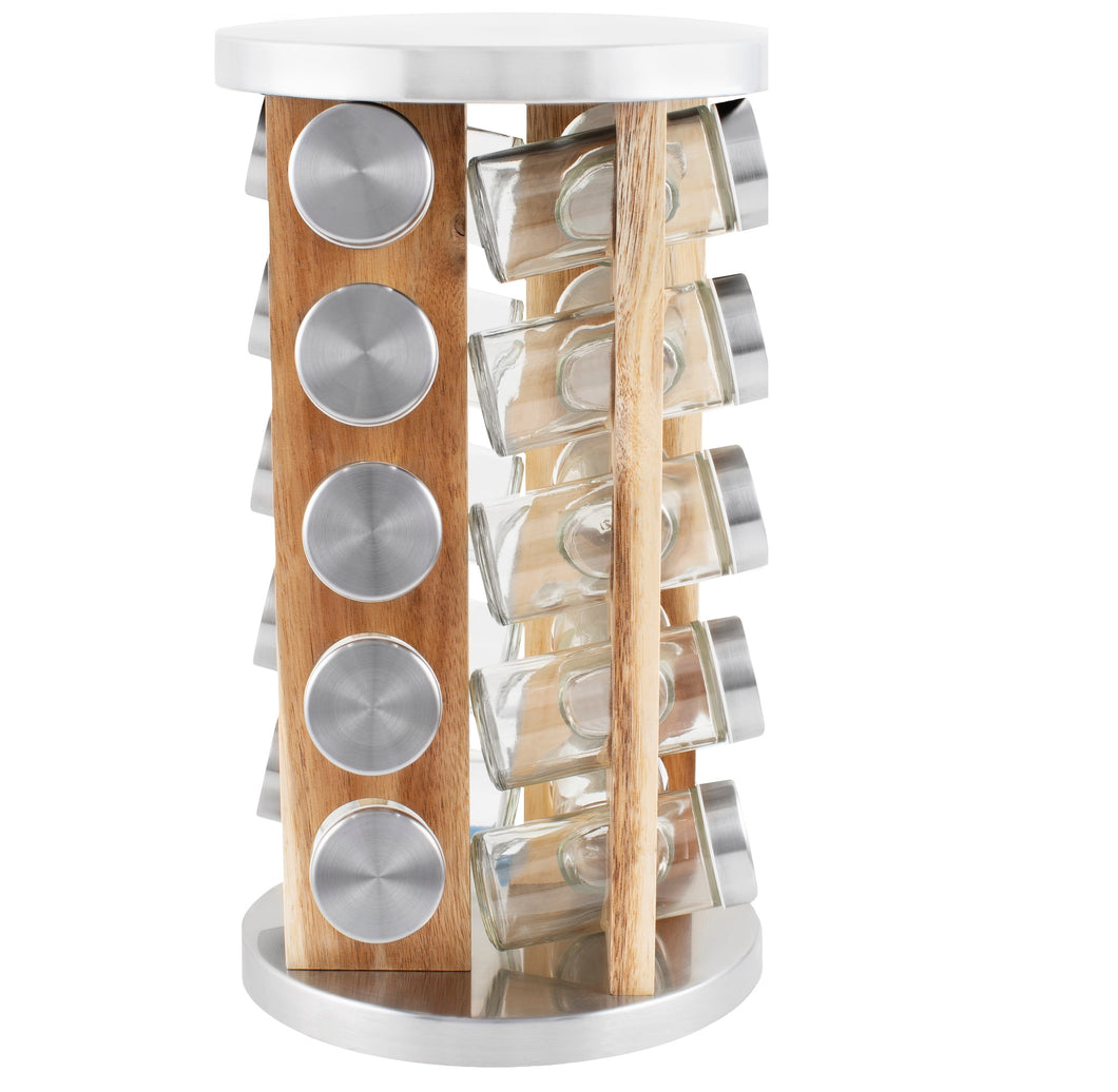 20 Jar Spice Rack in Natural Acacia Wood -  No Spices - Stainless Steel Lids - My Spice Racks