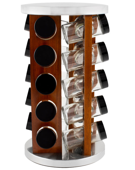 20 Jar Spice Rack in Dark Acacia Wood -  No Spices - Black Lids - My Spice Racks